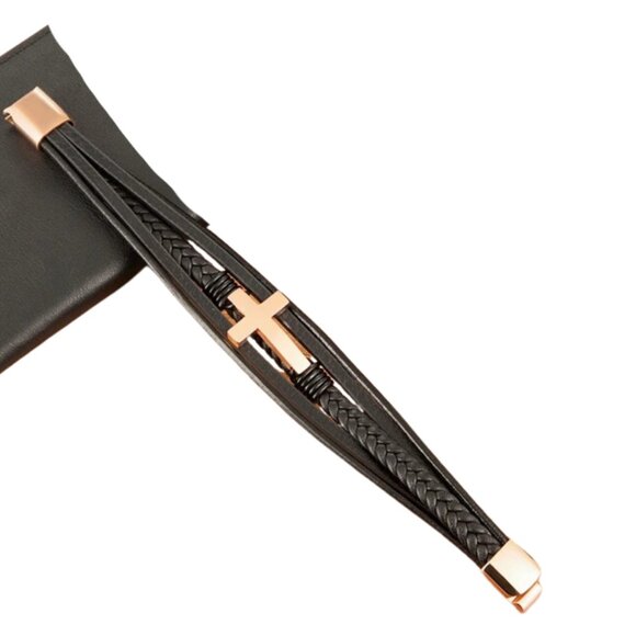 LEATHER 3 JOINED BRACELETS STAINLESS CLASP SILVER CROSS ADJUSTABLE UNISEX NWT - Picture 8 of 9